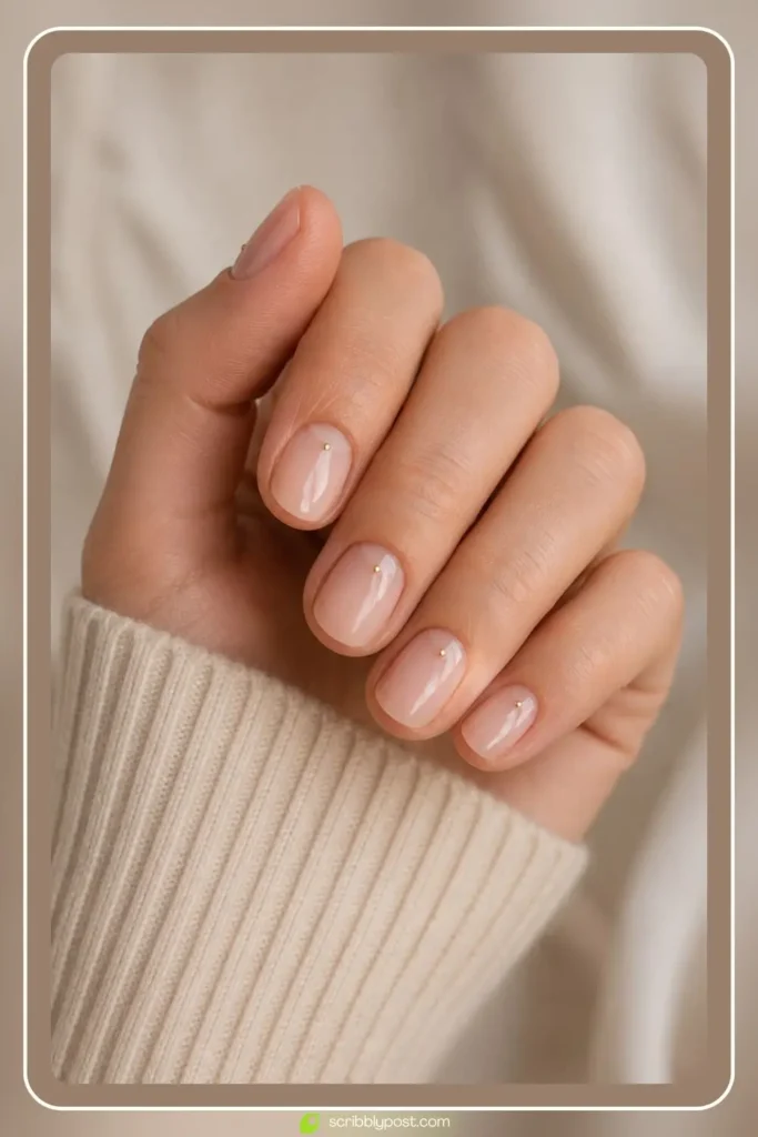 Micro dot nail art on clean girl nails with white polish dots on a sheer nude base