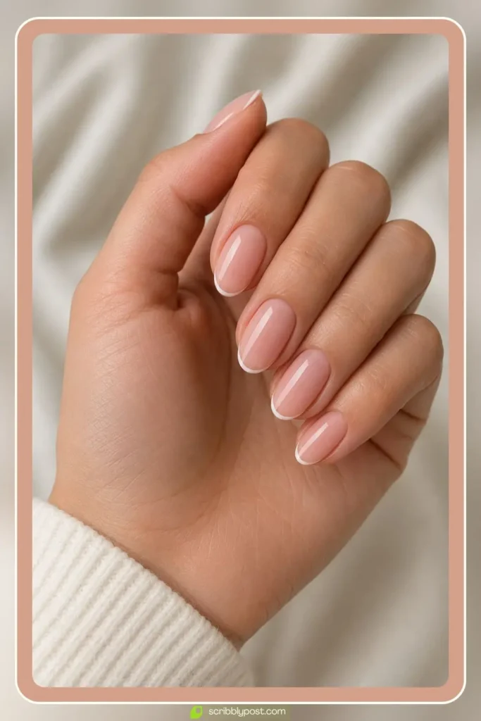 Micro French tip nails with thin white line on short natural nails in a clean girl style