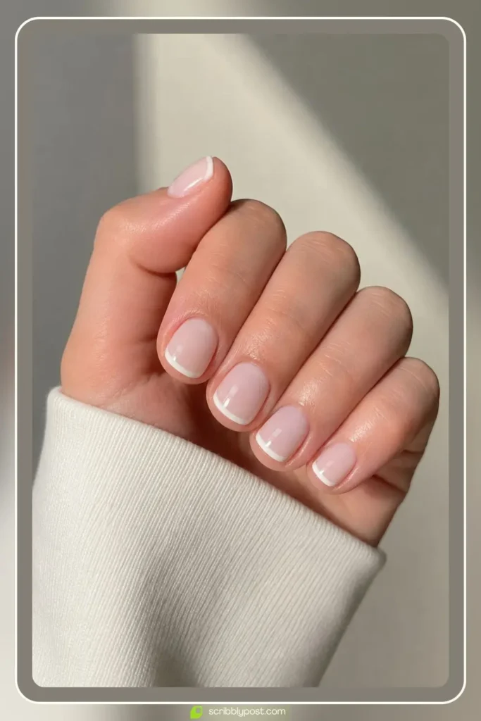 Milky French tip on short clean girl nails with a white guide and sheer base