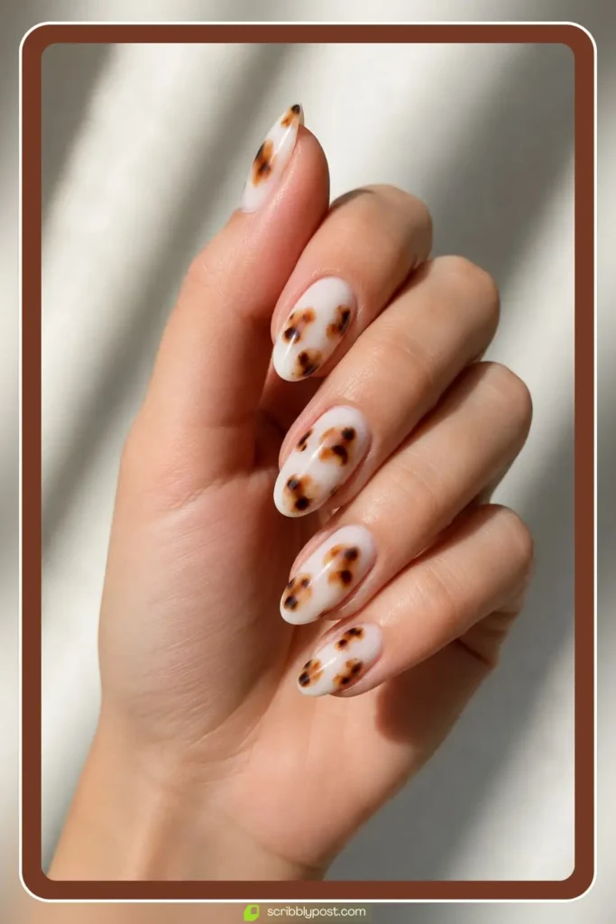 Milky white nails with translucent tortoise shell patches floating over the base