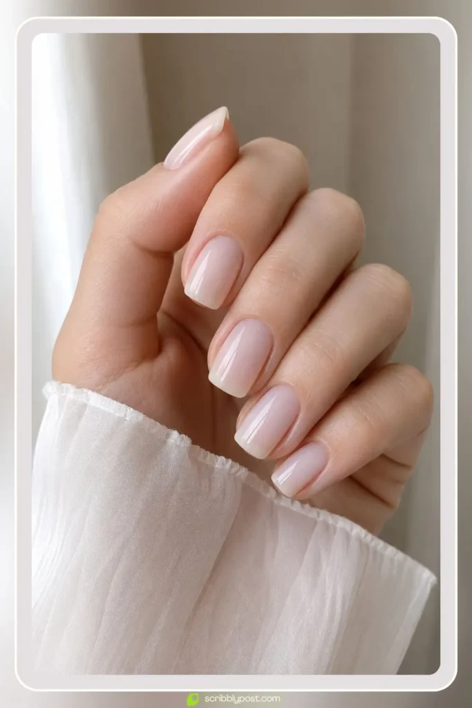Milky white sheer nail polish on oval nails with a glazed high gloss finish