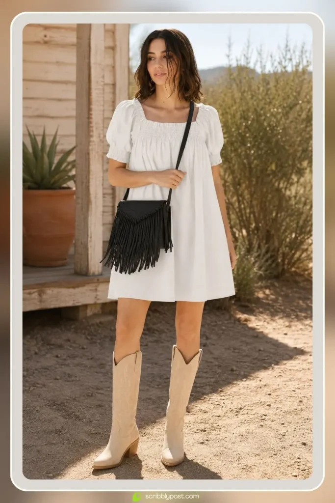 White boho mini dress with puff sleeves and smocked bodice styled with cowboy boots