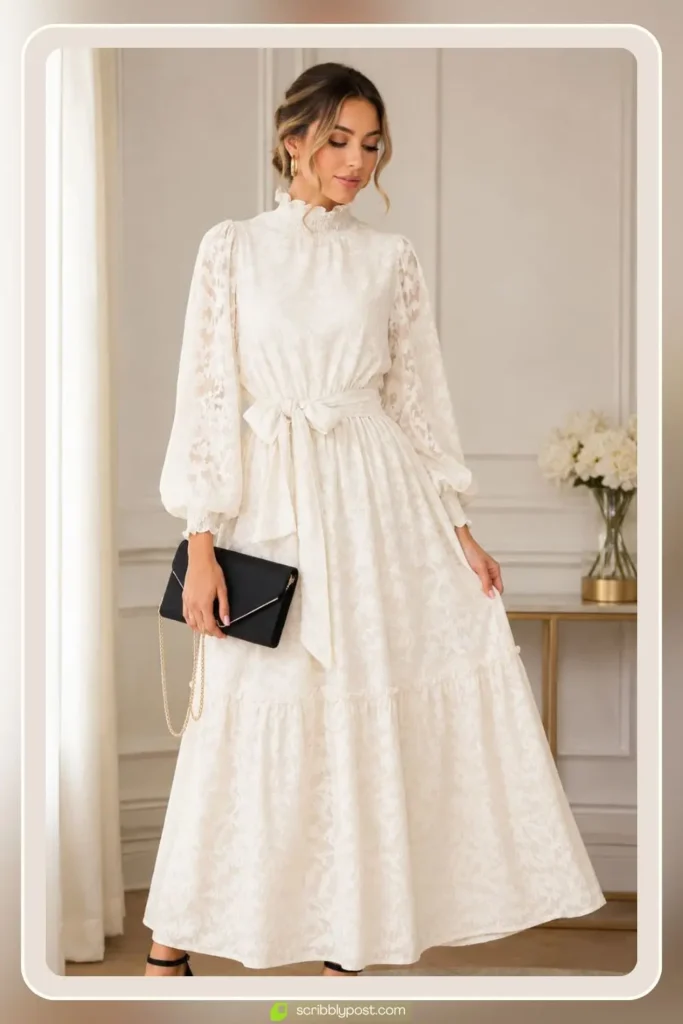 High neck long sleeve modest prom dress in A-line silhouette for a formal event