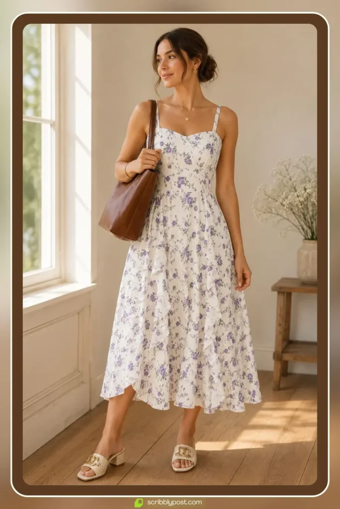 Mother's Day brunch outfit with floral midi dress, block heel spring sandals, and structured medium bag