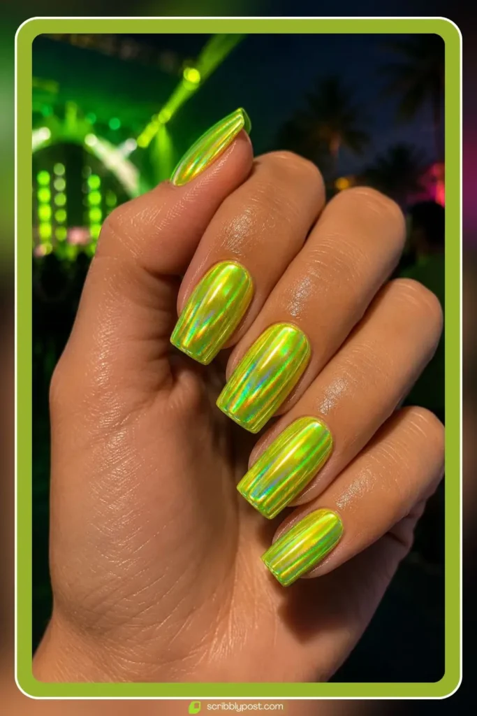 Neon lime green chrome nails with high shine finish on square nails