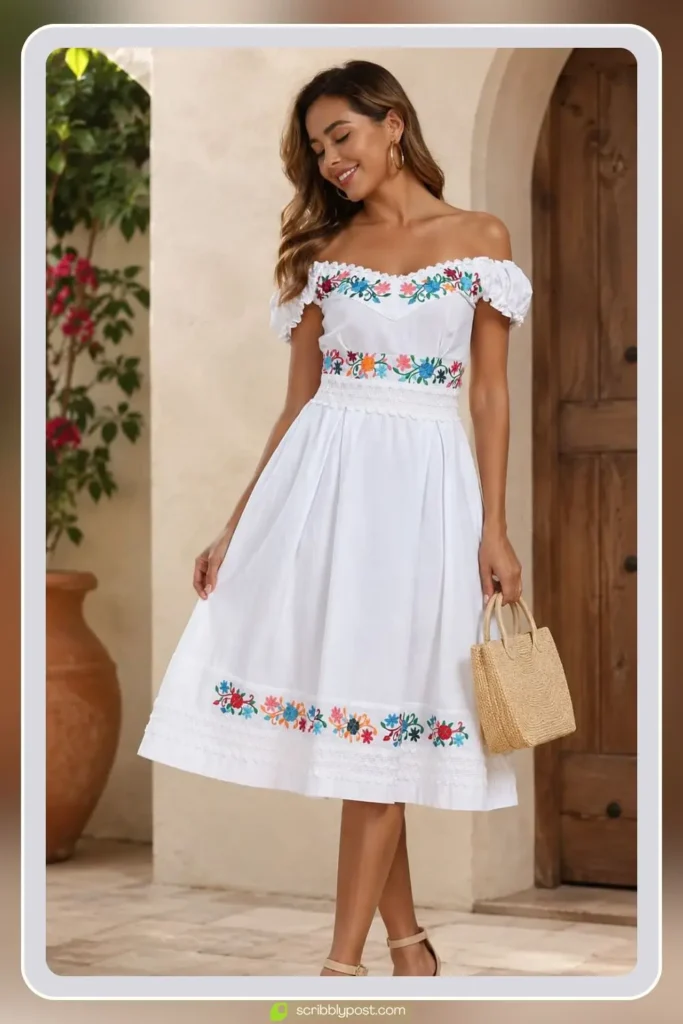 White off shoulder boho midi dress with floral embroidery and ruffle neckline