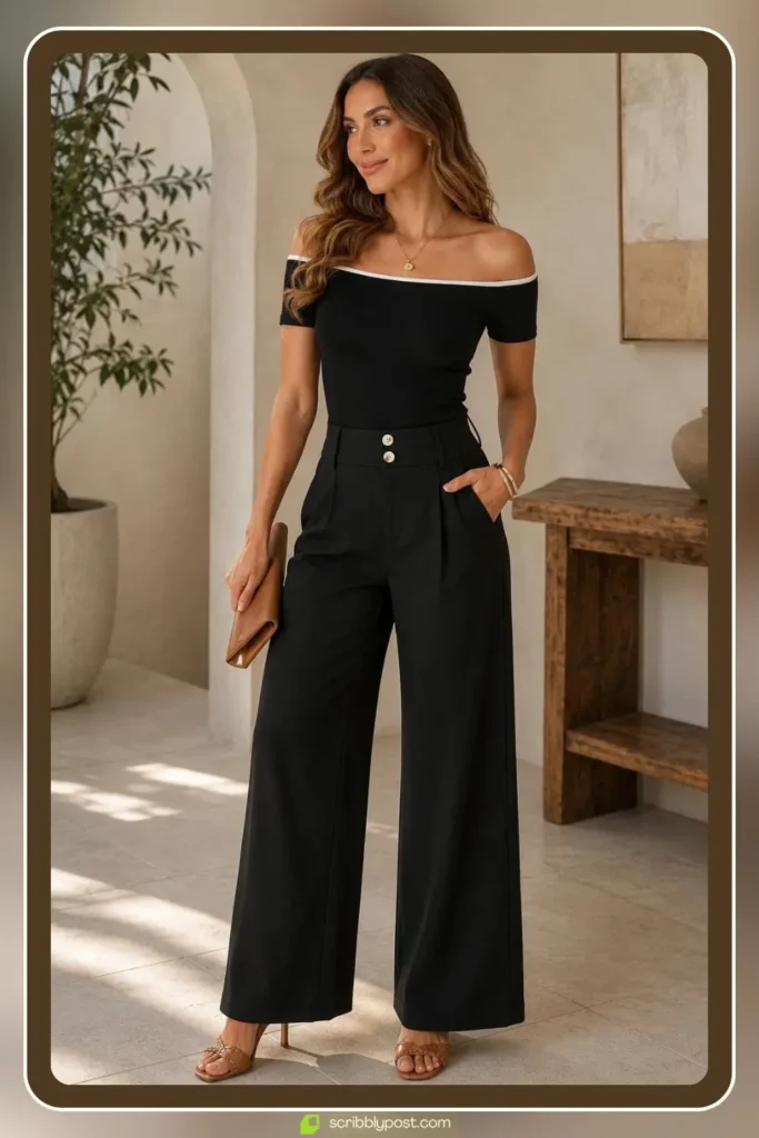 Off-Shoulder Fitted Top with High-Waisted Dress Pants and Mules