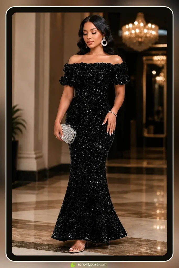 Black off shoulder mermaid gown with a fitted bodice and flared hem on a red carpet style backdrop