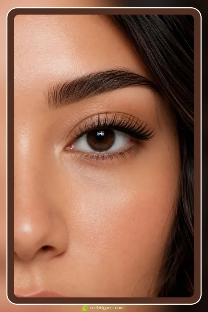 Open eye lash extensions with even medium lengths across the lash line for a balanced look