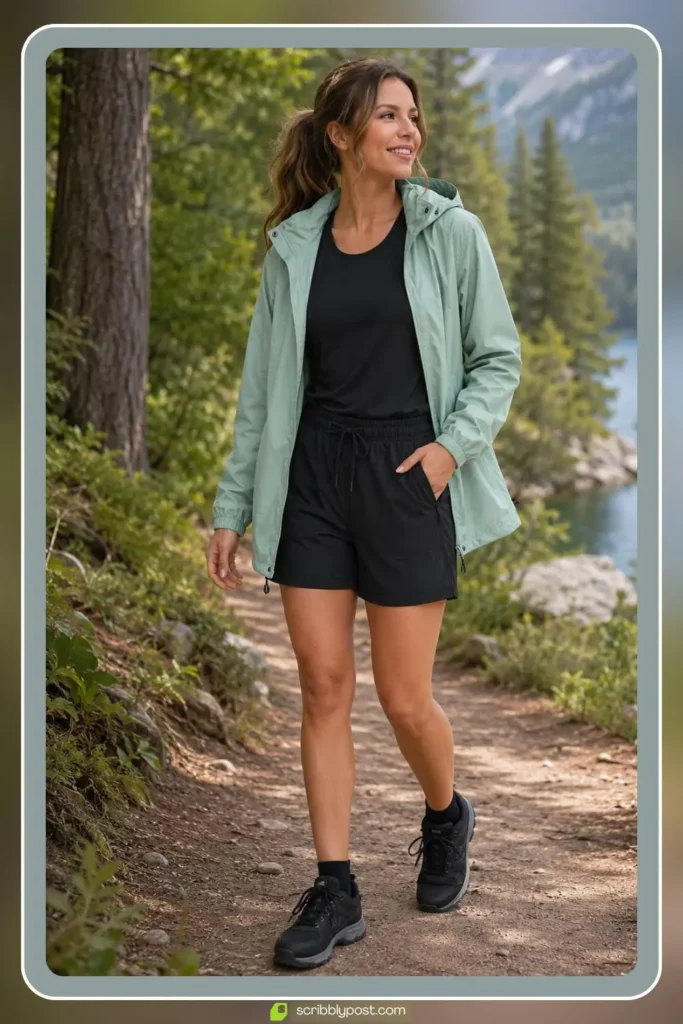 Packable Rain Jacket with Trail Shorts and a Moisture-Wicking Tank