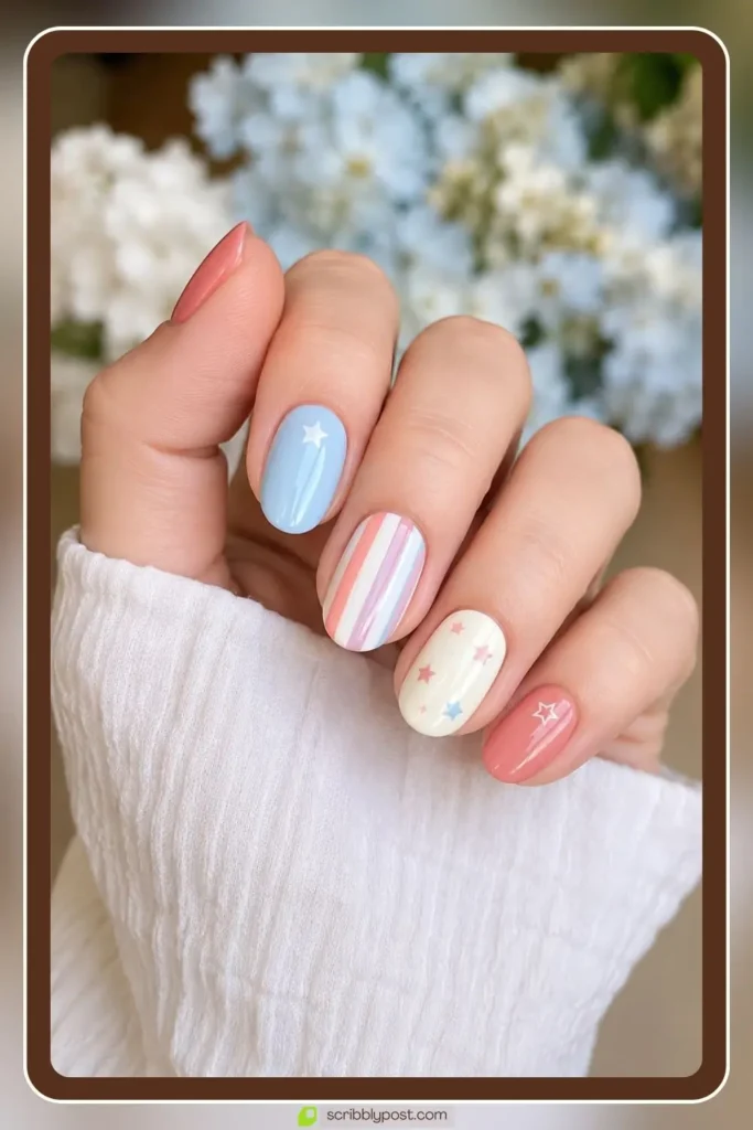 pastel sky blue blush red and cream nails soft patriotic gradient on short oval shape