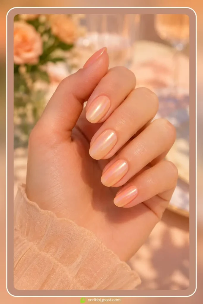 Soft peach chrome nails with warm pastel metallic glow