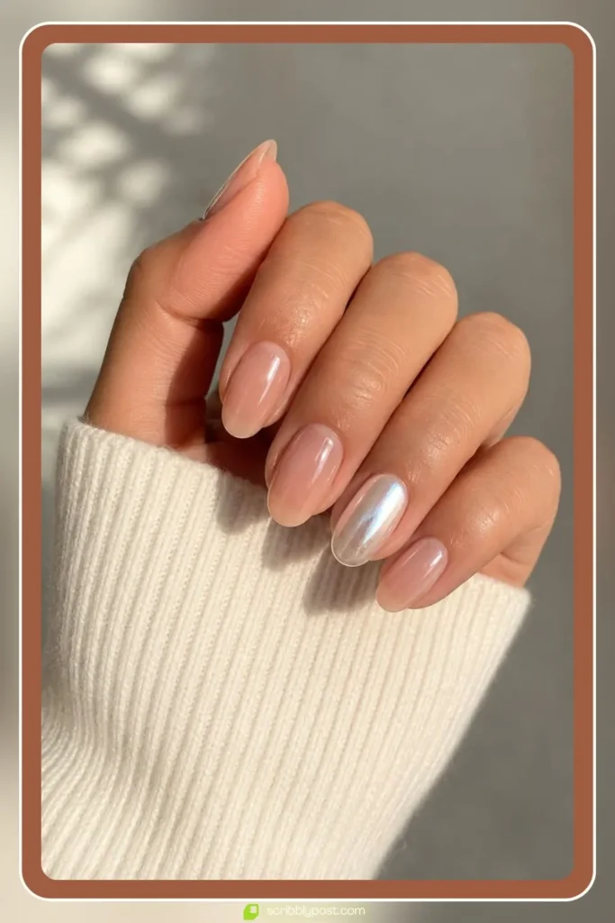 Neutral manicure with one full pearl chrome accent nail on the ring finger