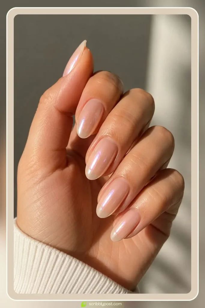 Nude nails with translucent pearl glaze layer creating a soft lit from within glow