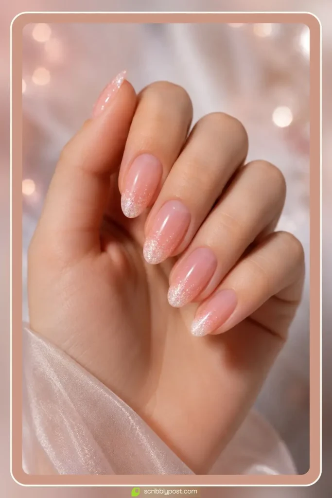 Sheer pink nails with fine pearl glitter concentrated at the tips