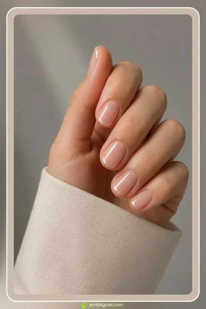Short nails with thin pearl micro french lines on a bare glossy base