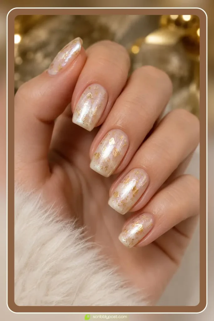 Milky white nails with pearl shimmer and scattered gold foil flakes