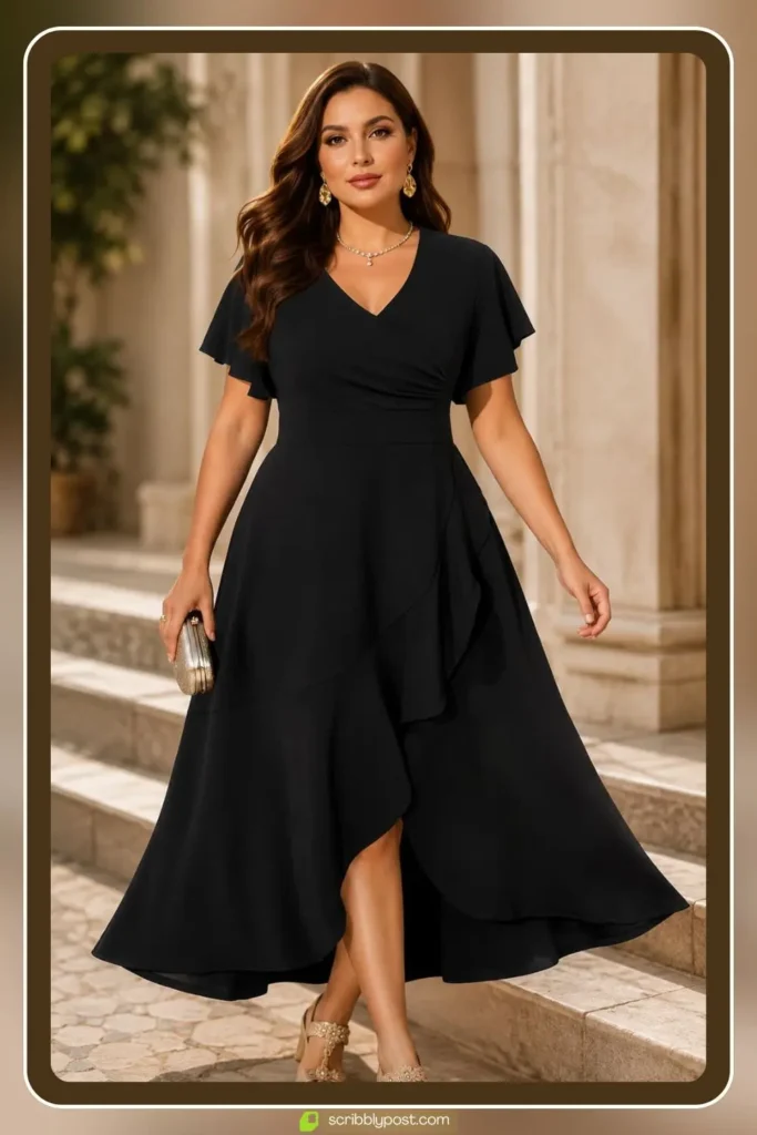 Plus size black empire waist gown with a V neckline and flowing chiffon skirt for a formal event