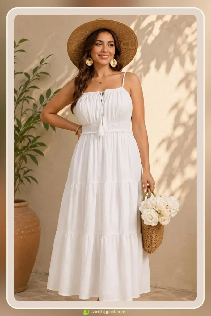 Plus size white tiered boho maxi dress with V neckline and defined empire waist