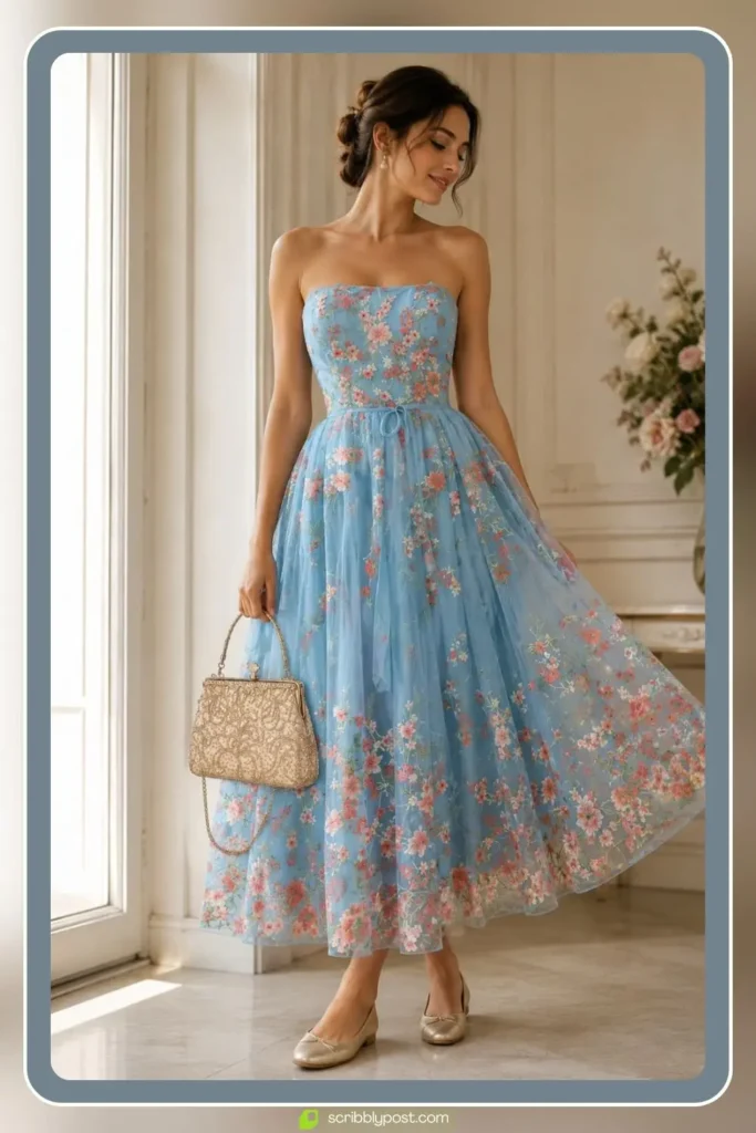 Tulle ball gown princess prom dress with fitted bodice and full layered skirt