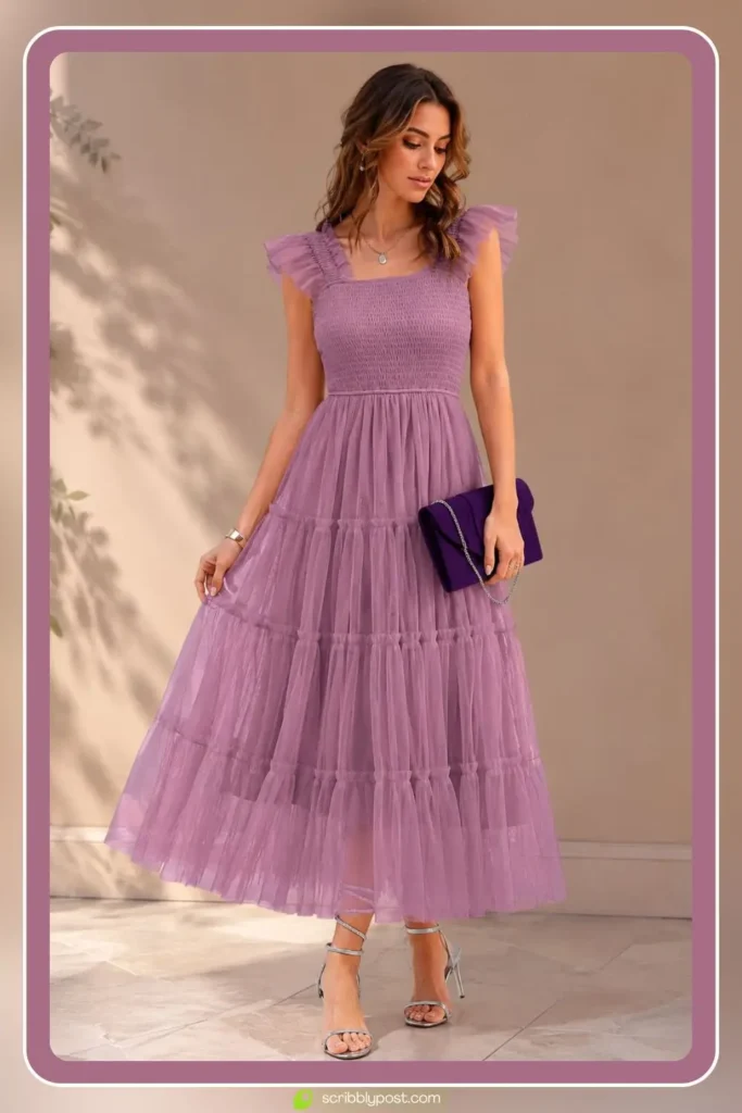 Purple ball gown tulle prom dress with fitted bodice and full skirt for a formal event