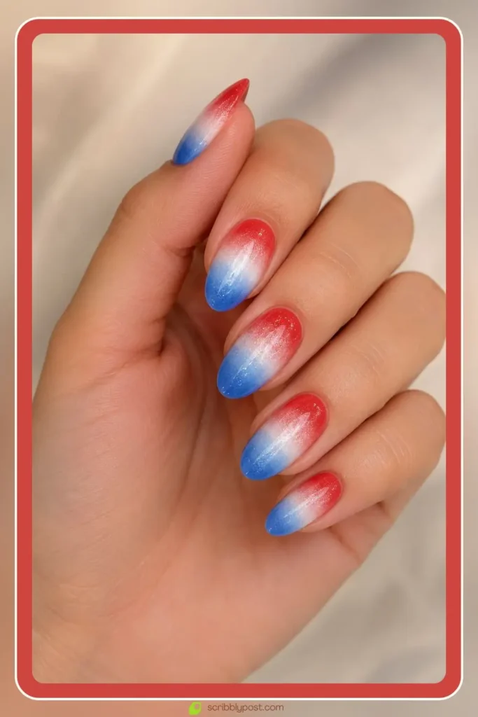 red white blue gradient ombre nails blended with sponge on medium almond shape