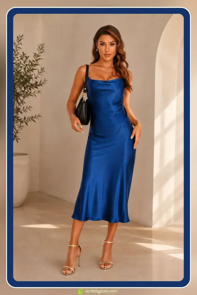 Rooftop brunch outfit with satin slip midi dress, strappy heeled sandals, and small chain shoulder bag