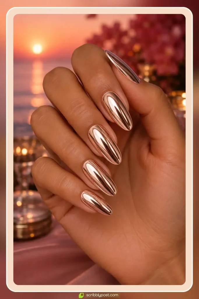 Rose gold chrome nails with warm pink metallic mirror finish