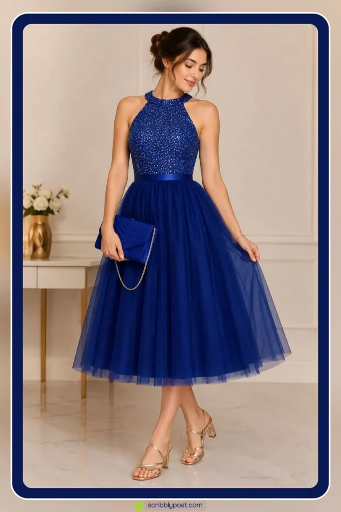 Royal blue sequin short homecoming dress with fitted silhouette and vivid color for a hoco event