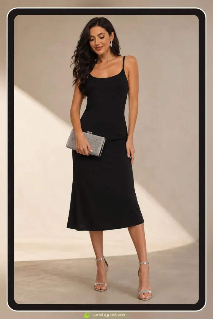 Bias cut black satin slip gown with thin straps and a cowl neckline styled for an evening event