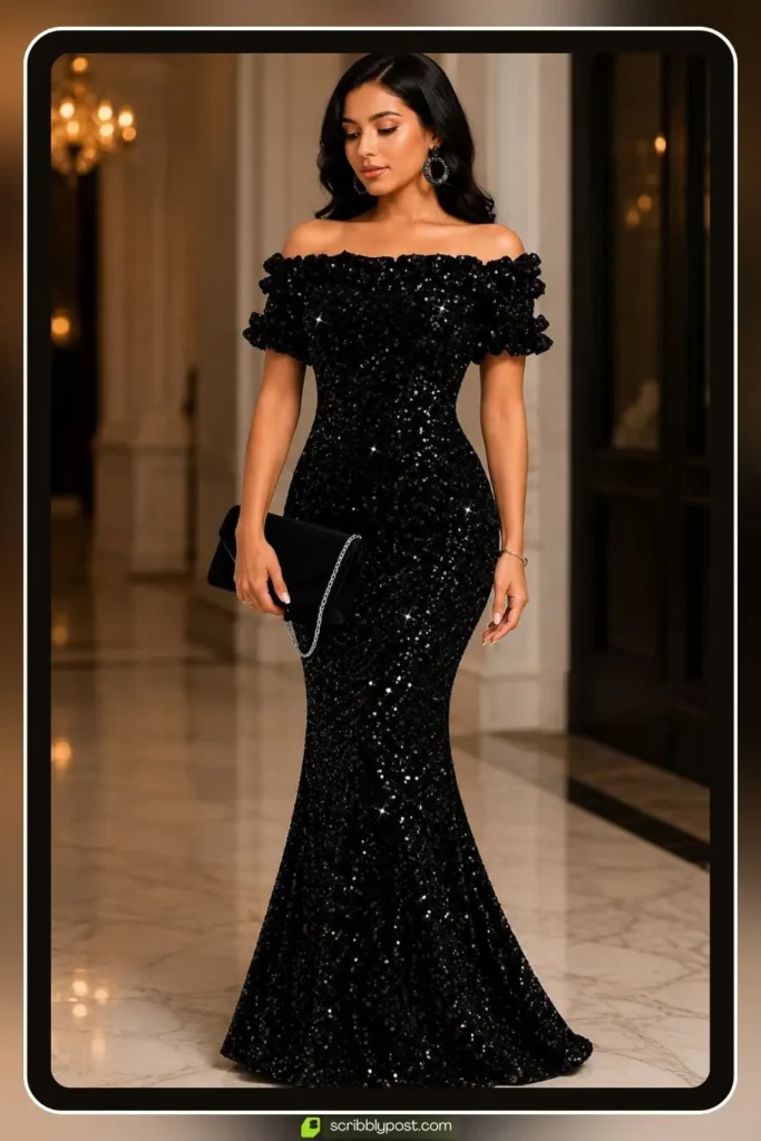 Black sequin column gown catching light at an evening event with minimal jewelry