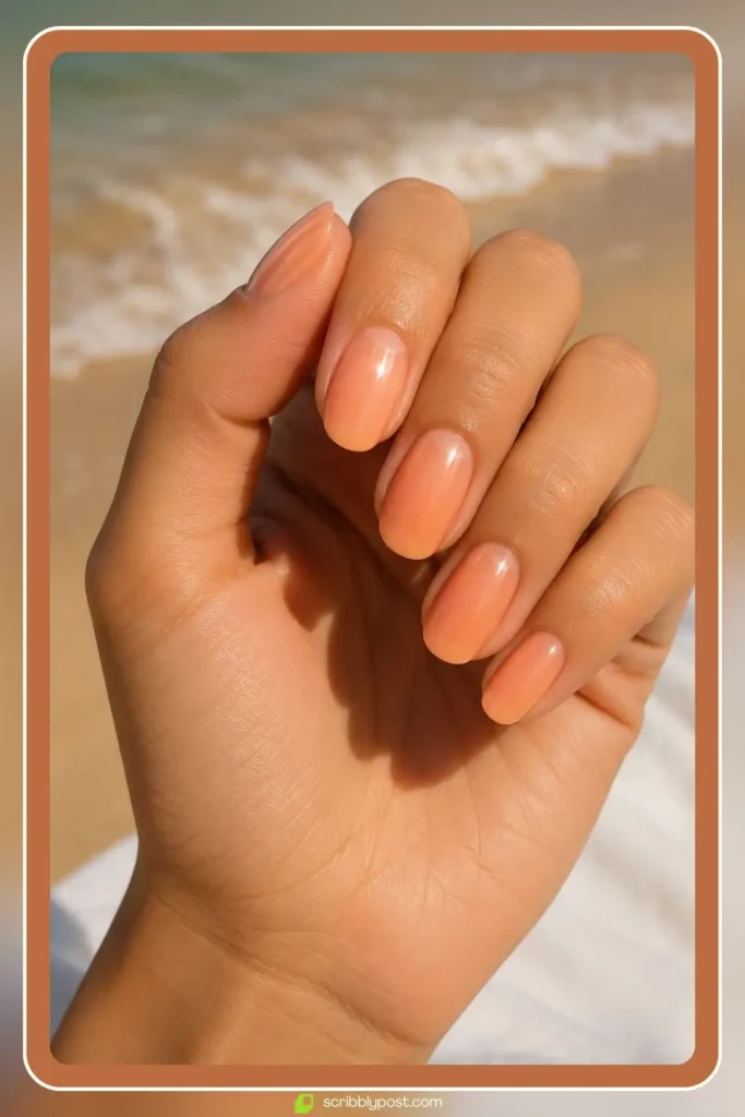 Sheer apricot nail polish in a clean wash finish on medium oval nails