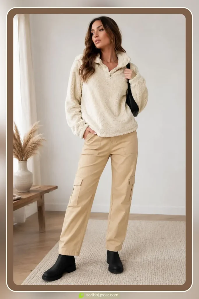 20. Sherpa Pullover with Cargo Pants and Ankle-Length Snow Boots