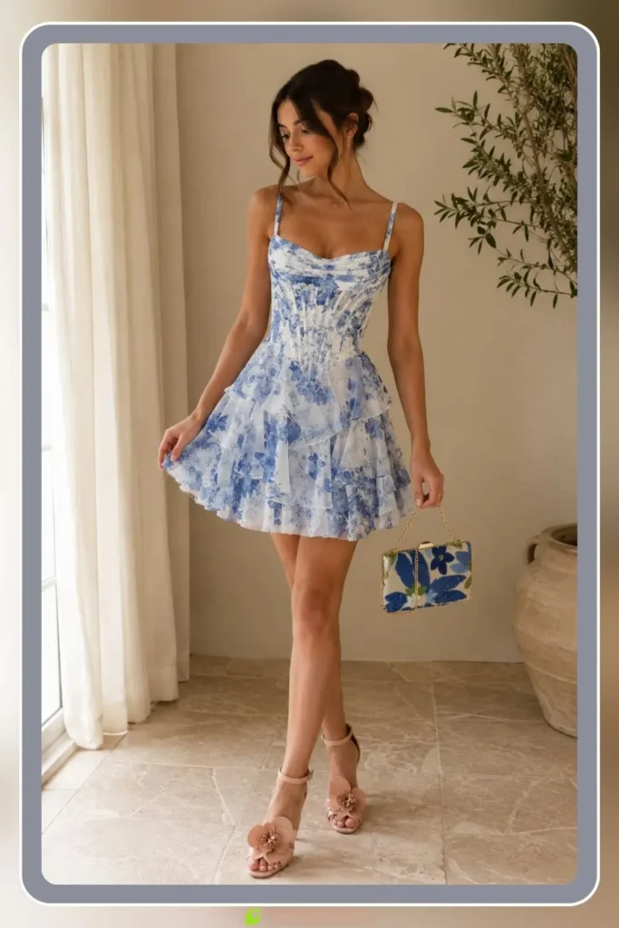 Short printed chiffon floral homecoming dress with romantic pattern for a spring hoco event