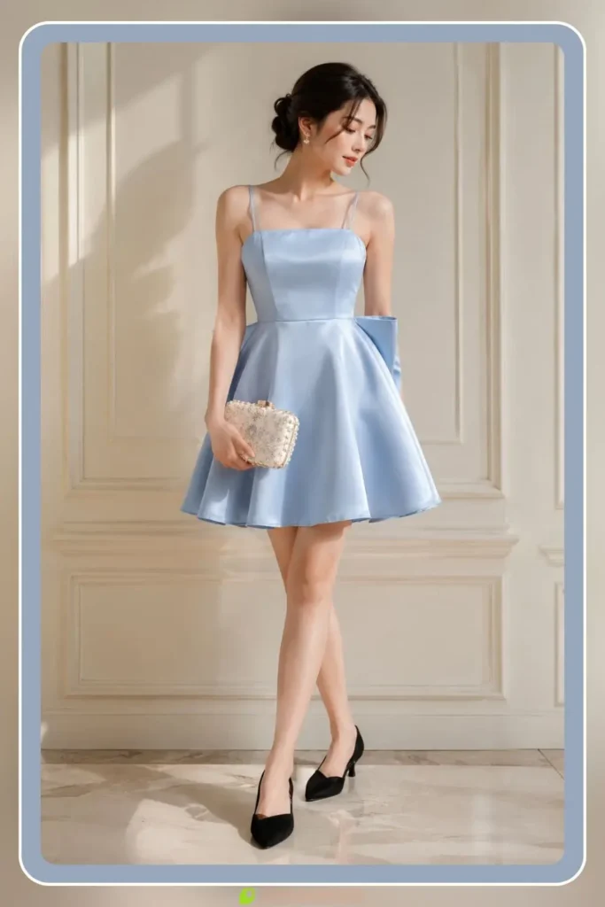 Short formal homecoming dress with structured satin bodice at knee length for a polished hoco look