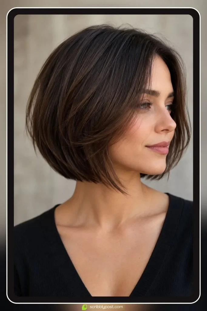 Short layered bob at jawline with internal layers adding movement on fine straight hair