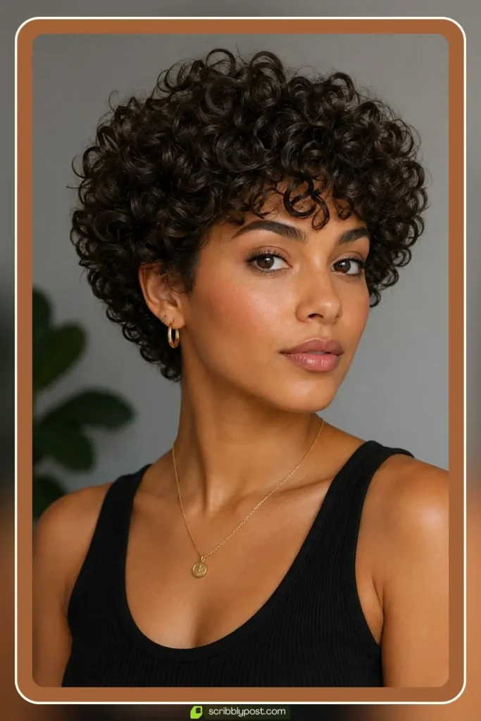 Short layered curly haircut with rounded shape and defined curl pattern on 3B curls