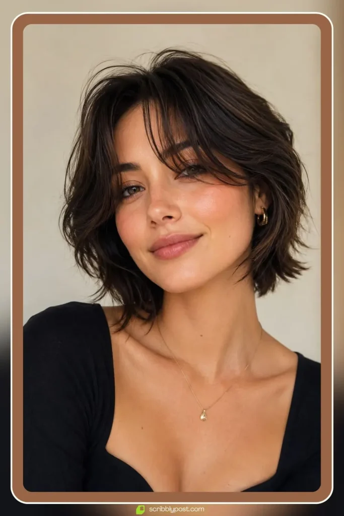Short layered haircut with center-parted curtain bangs framing the face on fine hair