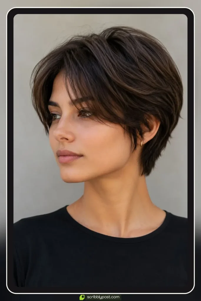 Short layered haircut for thick hair with interior bulk removal and defined outer shape