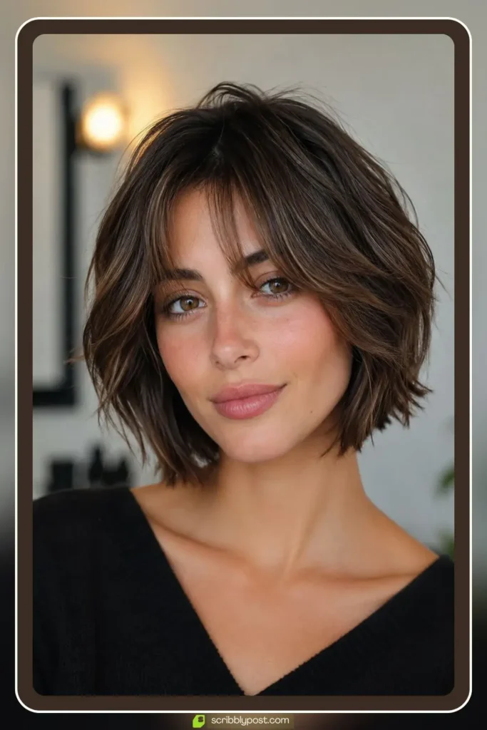 Short layered haircut with curtain bangs framing the face on medium straight hair