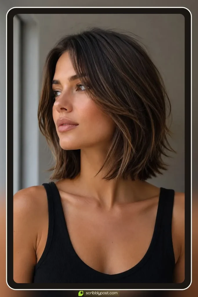 Short layered lob at collarbone with internal layers adding movement on all-texture hair