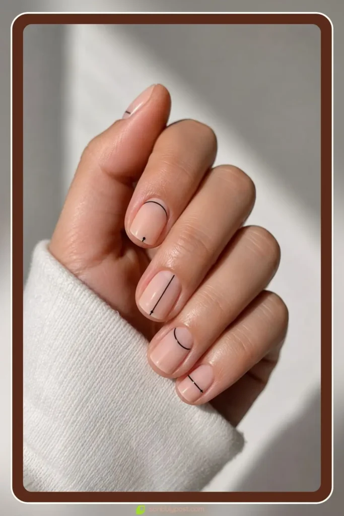 Thin painted line art near cuticle on short nails, Short Nail Friendly Line Art Design, best nail designs