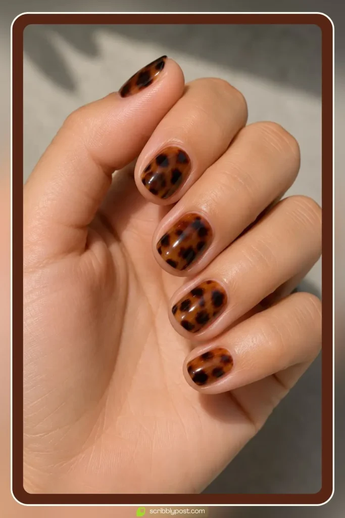 Short round natural nails with full tortoise shell pattern in warm caramel tones