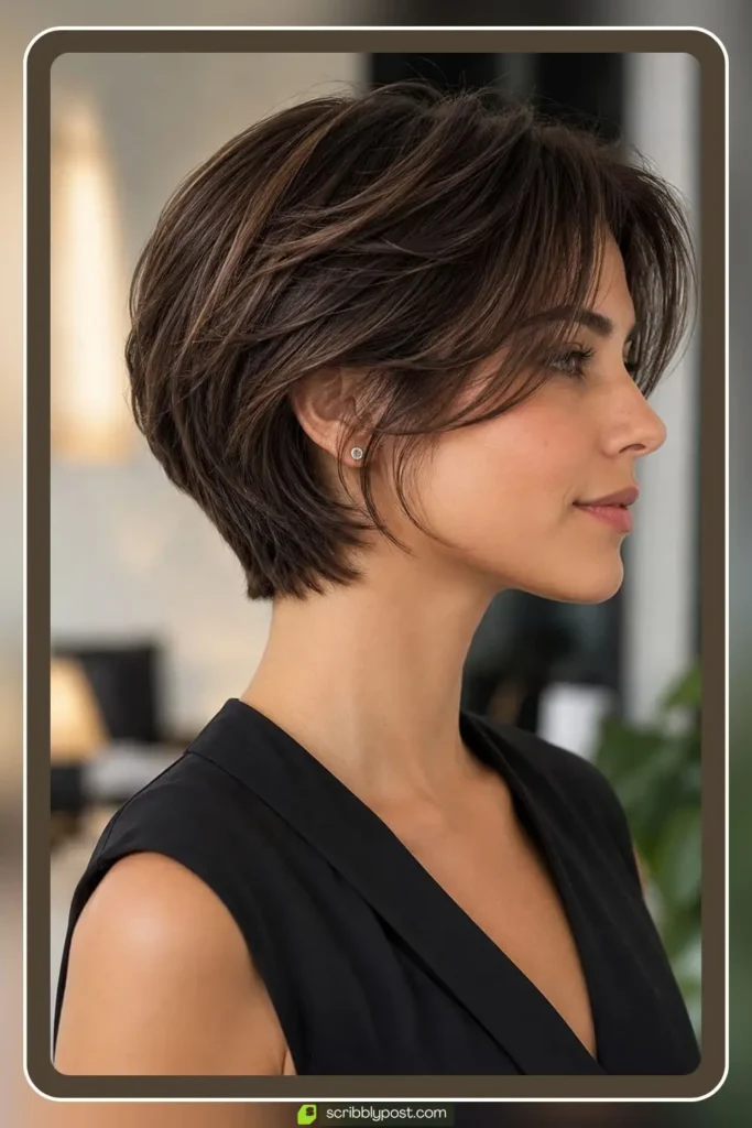 Short neck-length layered haircut at the nape with blended layers on straight hair