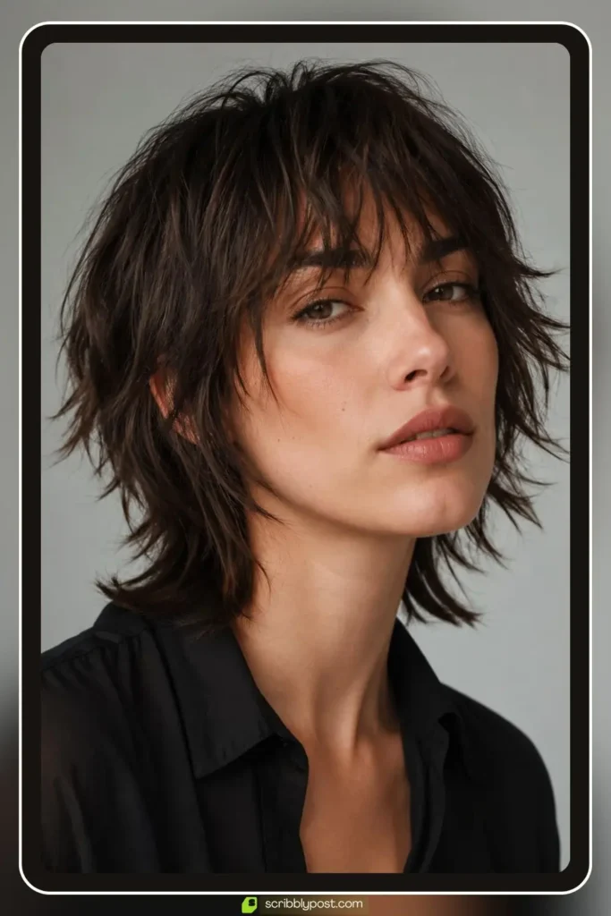 Short shaggy layered haircut with disconnected piecey layers and textured ends on medium hair