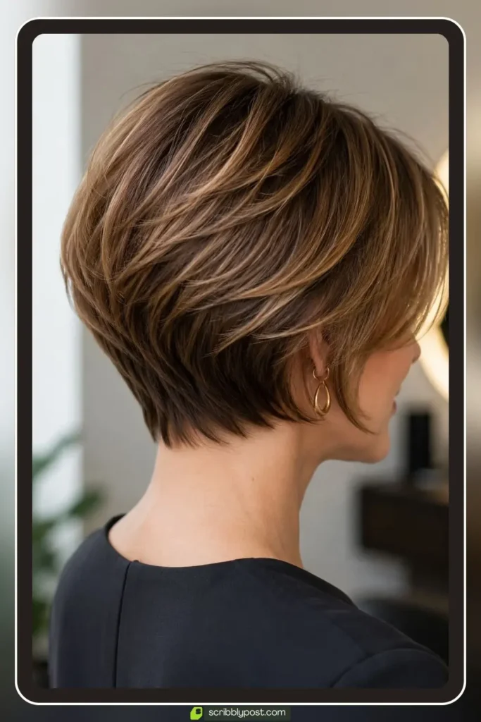 Short stacked layered haircut with graduated volume at the back on fine straight hair