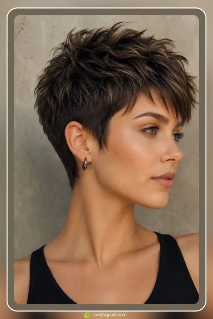 Short textured pixie cut with layered crown and point-cut ends for volume and movement