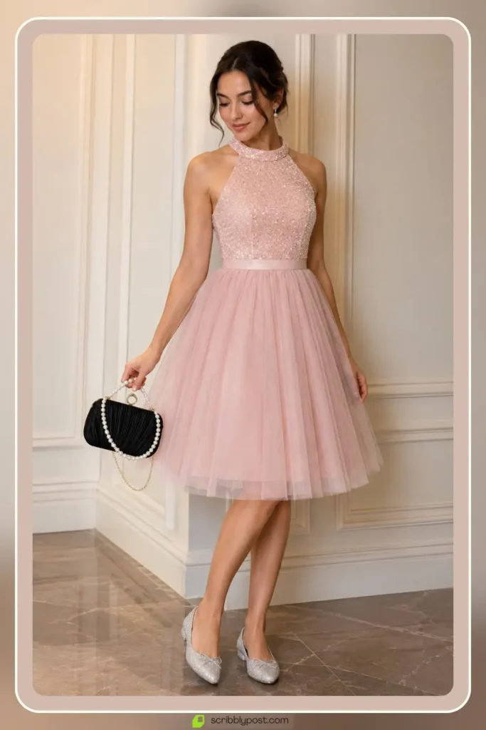 Short tulle A-line homecoming dress with layered skirt above the knee for a romantic hoco look