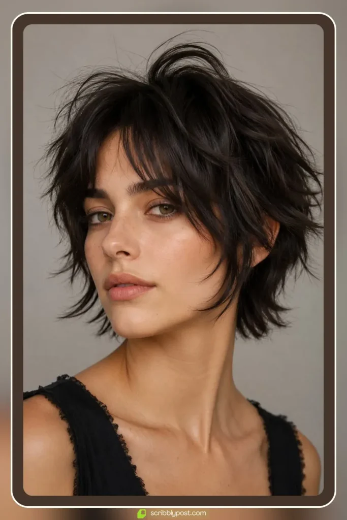 Short wolf cut with heavy crown layers and curtain fringe on straight to wavy hair