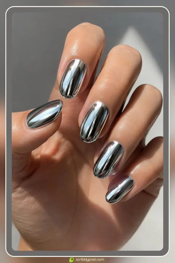 Pure silver mirror chrome nails with full reflective finish